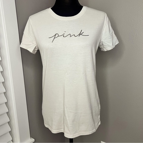 PINK Victoria's Secret Tops - PINK Victoria’s Secret cream and silver short sleeve logo tshirt size small